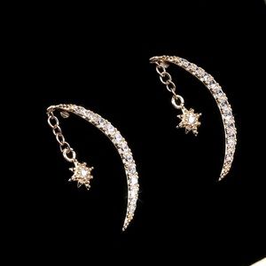 New 18k Yellow Gold Over Silver White Sapphires Half Moon and Star Earrings